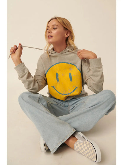 Knit Vintage Style Smiley Face Graphic Hoodie