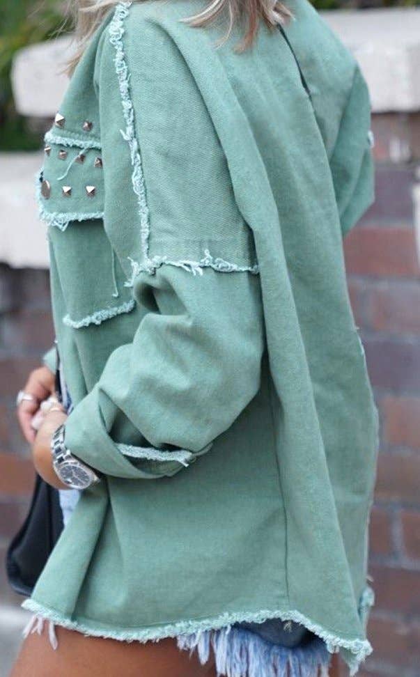 Green Frayed Trim Riveted Denim Jacket: L / Green