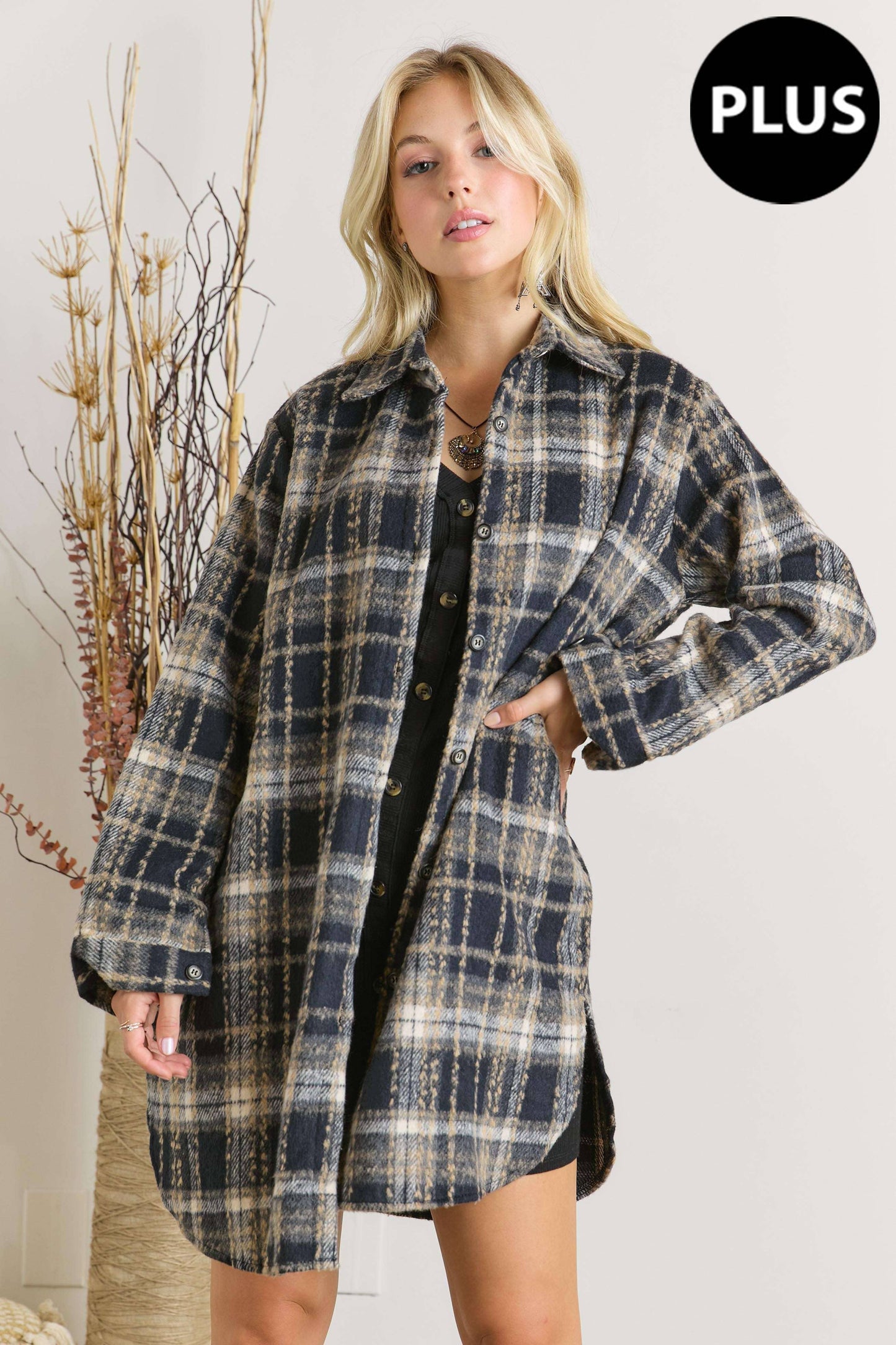 Button Down Flannel Shacket - Plus Size