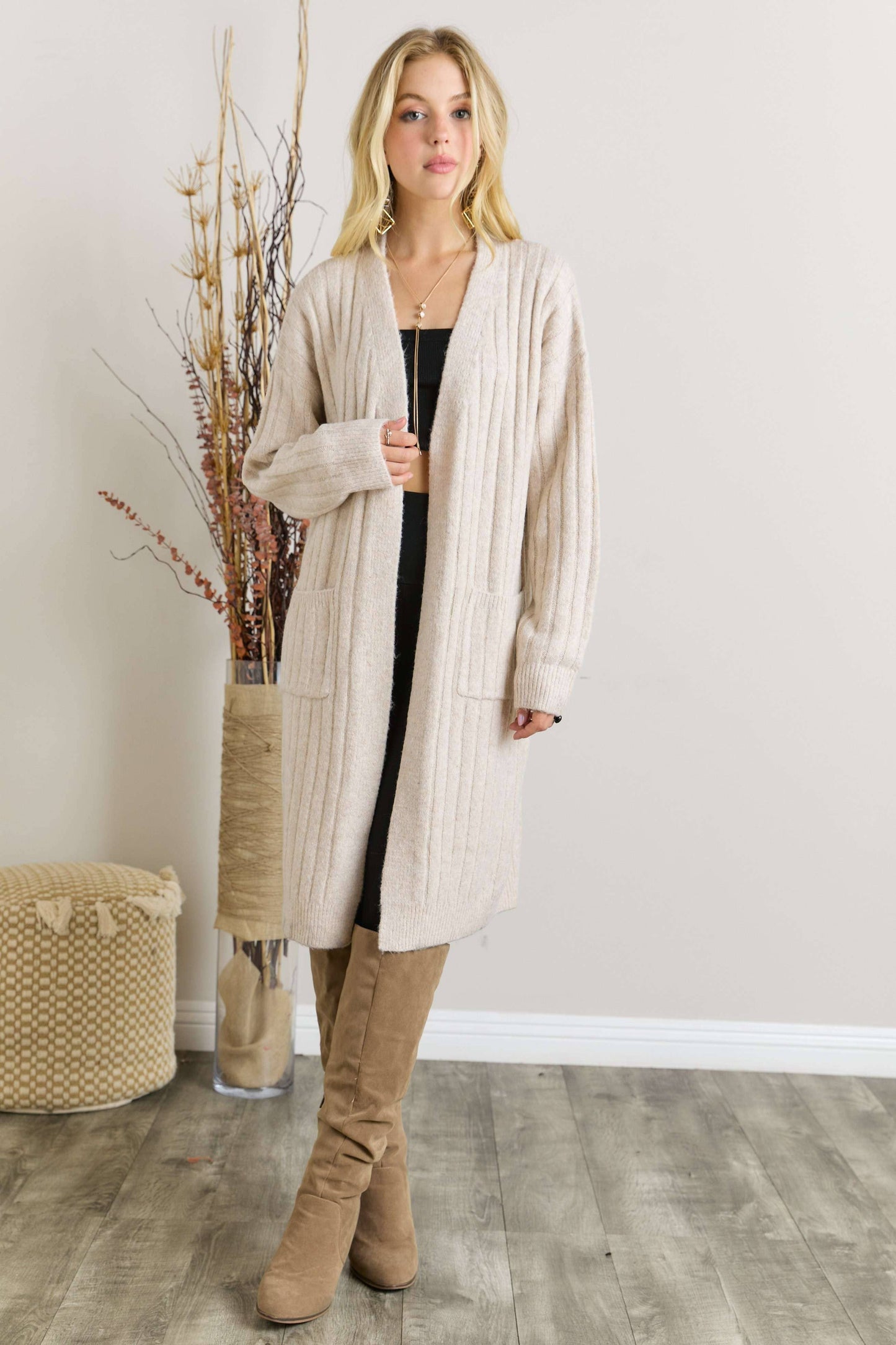 Oatmeal Rib Knit Cardigan