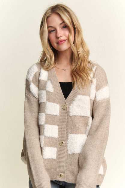 Puff Checkered Cardigan - Plus Size