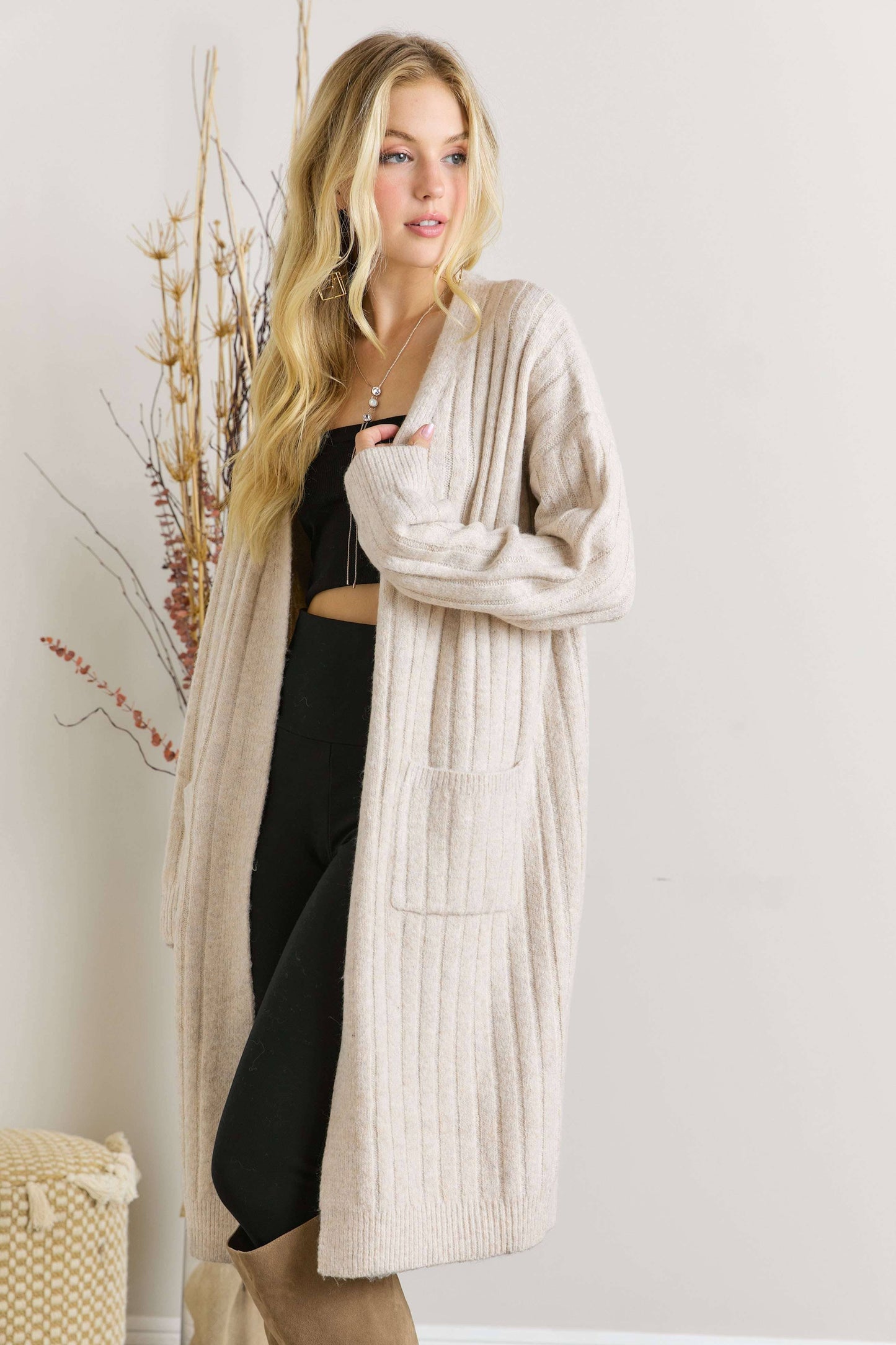 Oatmeal Rib Knit Cardigan