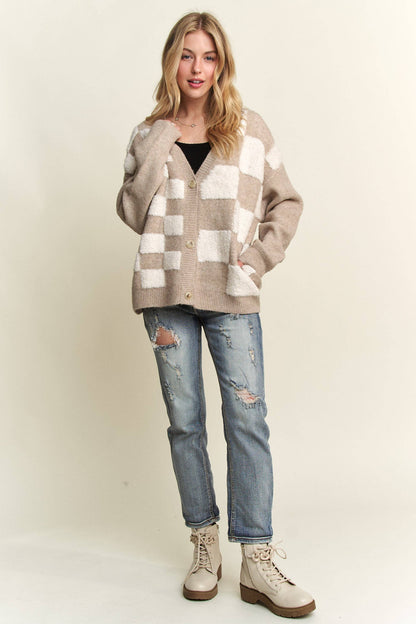 Puff Checkered Cardigan - Plus Size