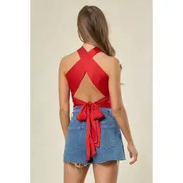 Tie Back Halter Knit Top Red
