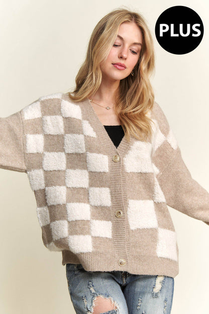 Puff Checkered Cardigan - Plus Size