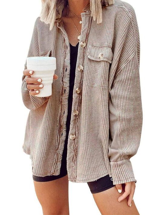 Button-Up Frayed Waffle Shacket