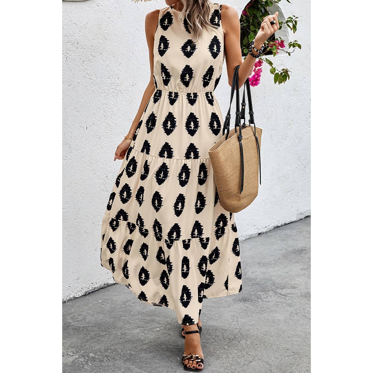 Sleeveless Printed Elastic Waist Ruffle Full Dress: BEIGE / M