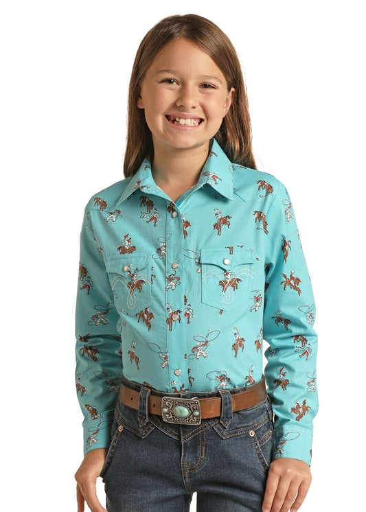 Panhandle Girls' Long Sleeve Snap Shirt- Aquamarine Rodeo Print
