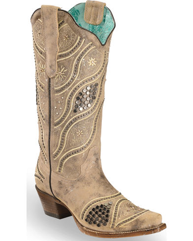 E1275 Corral LD BROWN EMBRODERY & STUDS Snip Toe Ladies Boots