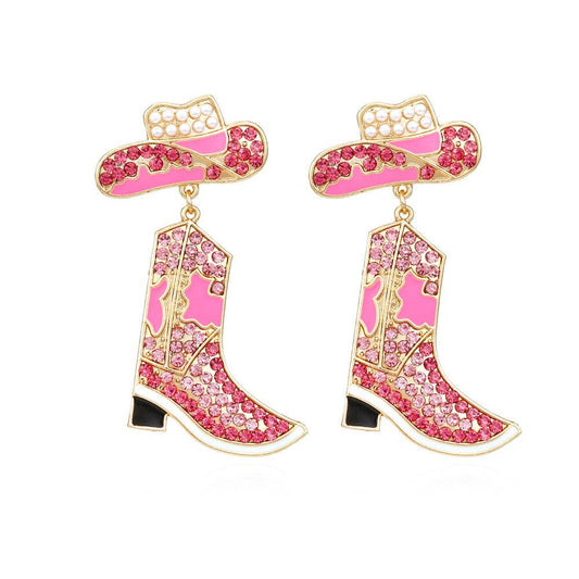 Modern Girl Enamel Rhinestone Denim Boots Hat Earrings: Rose red