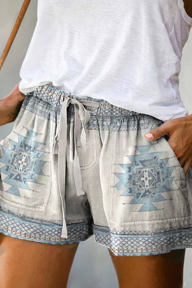 Western Aztec Print Drawstring Shorts