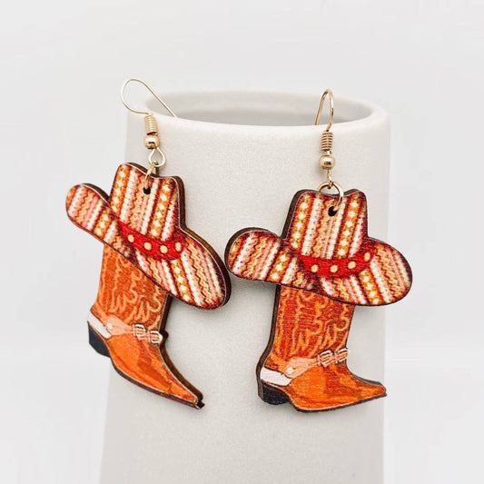 Western Cowgirl Hat Boots Wooden Dangle Earrings