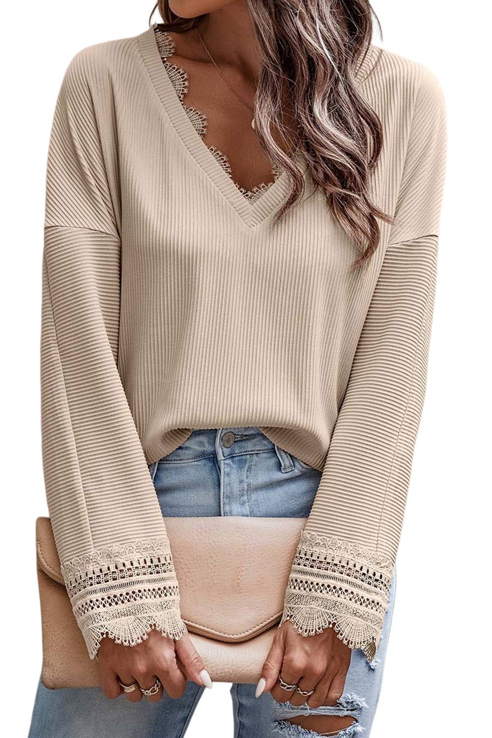 Ribbed Texture Lace Trim V Neck Long Sleeve Top: L / MULTI