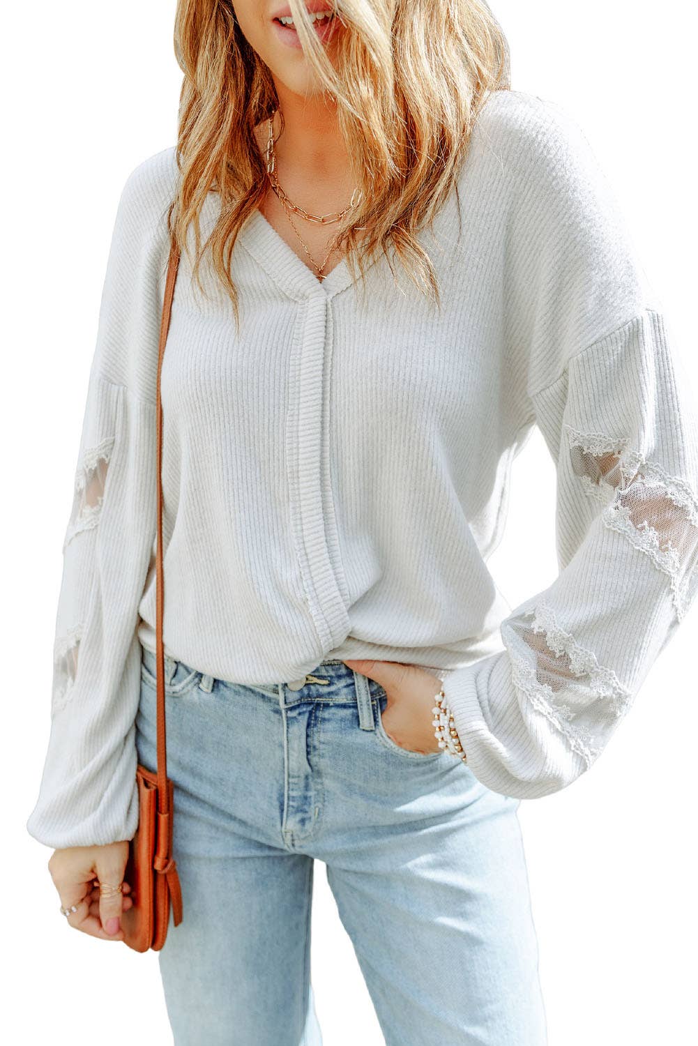 Lace Patchwork Drop Sleeve Ribbed Casual Top: M / WHITE