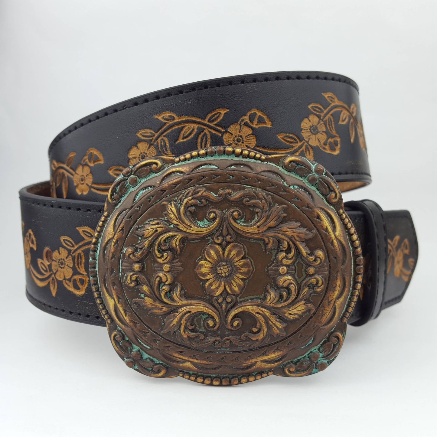 Western Brass/Patina Buckle with Vintage floral tooled belt