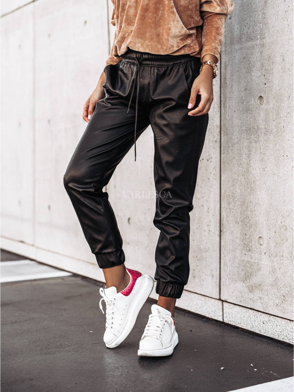 Faux Leather Drawstring Pockets Joggers