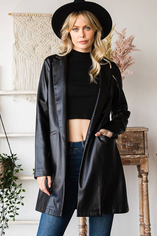 Long sleeve elongated vegan leather jacket